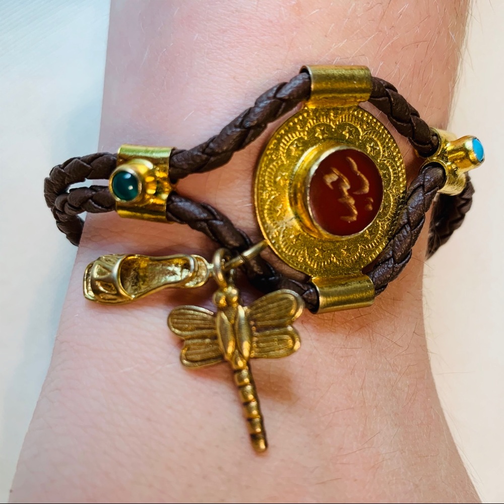 Brown rope & gold tone real silver bracelet with semi-precious stones dragonfly